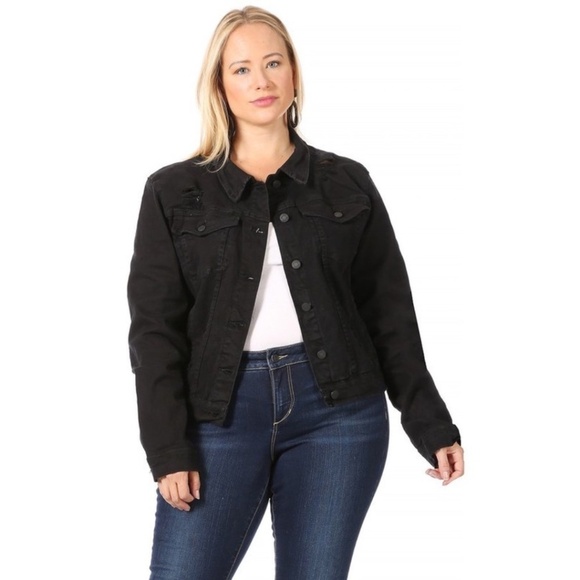 Classic Black Distressed Denim Jacket - Picture 1 of 5